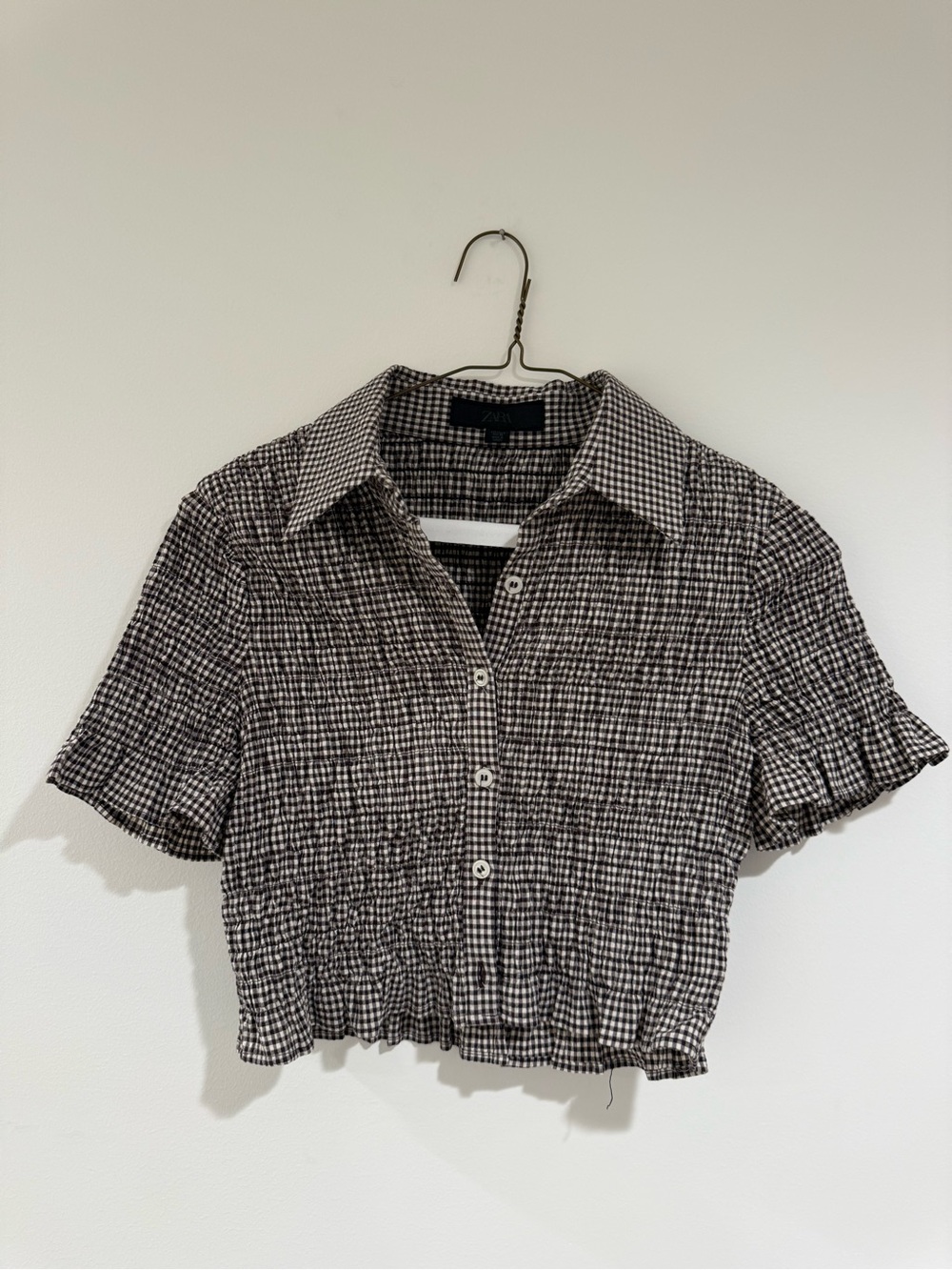 ZARA Gingham Short-Sleeve Button Front Crop Top